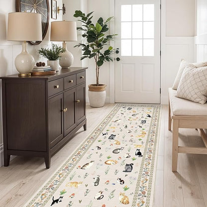 2'6"x8' Washable Kitchen Runner Rug - Soft Low Pile Floral Animal Cat Print Rugs with Non-Slip Backing Waterproof Stain-Resistant Indoor Carpet for Hallway Entryway Bathroom Bedroom (Light Beige)