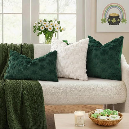 decorUhome St. Patrick’s Day Shamrock Pillow Covers 20x20 Inch Set of 2, Soft Plush Faux Wool Cream White Throw Pillow Covers, Farmhouse Spring Holiday Decor for Sofa Living Room