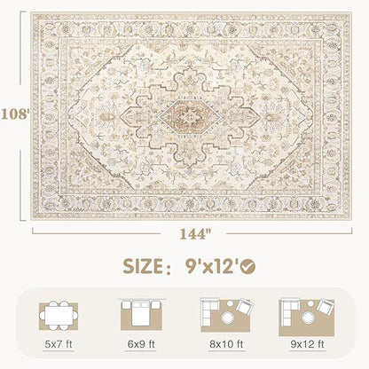 Area Rugs 9x12 Vintage Rug: Large Washable Living Room Rug Retro Medallion Distressed Soft Low Pile Non-Slip Indoor Floor Carpet for Bedroom Dining Table Office (BeigeBrown,9'x12')