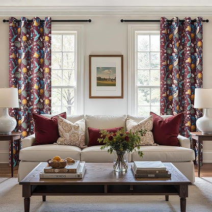 Topfinel Rust Boho Floral Curtains 90 Inches Long 2 Panels Unique Luxury Elegant Colorful Euro Flower Hummingbird Patterned Rustic Vintage Grommet Drapes for Classroom Room Office Closet