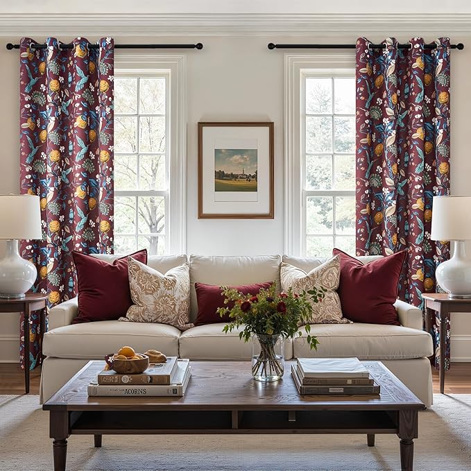 Rust Vintage Floral Curtains 84 Inch Long Luxury Whimsical Euro Flower Lemon Hummingbird Patterned Waverly Mid Century Colorful Blackout Drapes for Living Room Bedroom