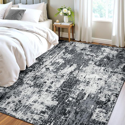 Washable Area Rugs 4'x5' Non-Slip Modern Abstract Soft for Living Room Entryway Bedroom Nursery, Print Pattern, Black Navy Blue Gray