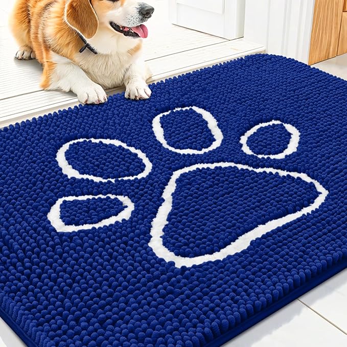 Smiry Dog Door Mat for Muddy Paws, Absorbent Dirt Trapper Non Slip Quick Dry Washable Chenille Mat for Mud Dogs, Entry Rug for Indoor and Outdoor (30x20 Inches, Royal Blue and White)