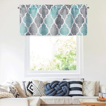Beauoop Blackout Window Valances Curtains Geometric Quatrefoil Trellis Printed Room Darkening Thermal Insulated Rod Pocket Short Valance Curtains Cafe Bathroom, Spa/Gray, 50" W x 18" L, 1 Panel