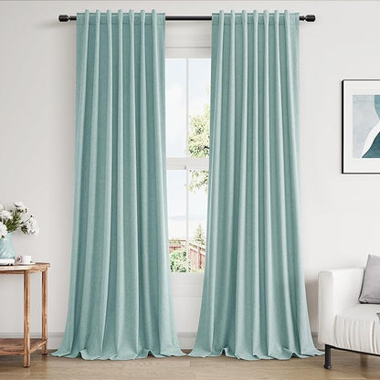 Guken 100% Blackout Linen Curtains 102 Inch Length 2 Panels Set for Living Room Bedroom Back Tab Thermal Insulated Black Out Linen Drapes Room Darkening Window Curtains,Light Blue