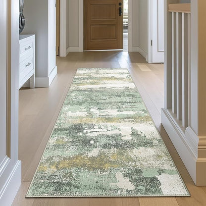 BEIMO Runner Rug for Hallway Kitchen, 2'6"x10' Machine Washable Runners Rug for Entryway, Soft Modern Abstract Throw Rugs, Low Pile Floor Cover with Non Slip Backing, Light Green