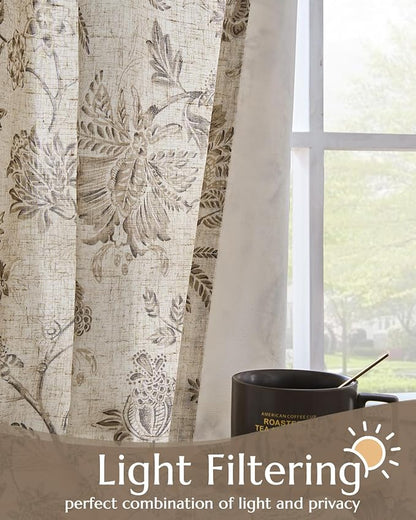 jinchan Lined Linen Floral Curtains for Living Room, 84 Inch Length Printed Flower Farmhouse Patterned French Country Back Tab Taupe Window Drapes Set Privacy Bedroom Curtains, 2 Panels