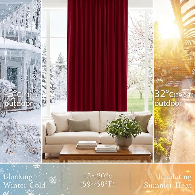 PONY DANCE Blackout Curtains for Bedroom - Decoration Xmas Festival Window Treatments Light Block Thermal Curtain Drapes Set Energy Saving, Wide 52 by Long 54 inch, Red, 2 Panels