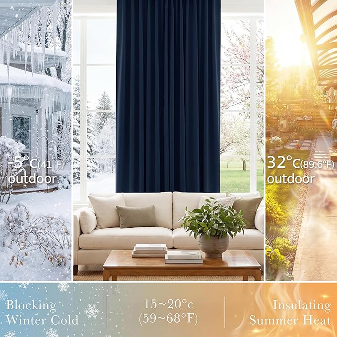 PONY DANCE Blackout Curtains for Bedroom - 72 Inches Length Thermal Insulated & Privacy Rod Pocket Curtain Drapes for Kitchen Home Decoration, 52 W x 72 L, Navy Blue, 2 Pieces