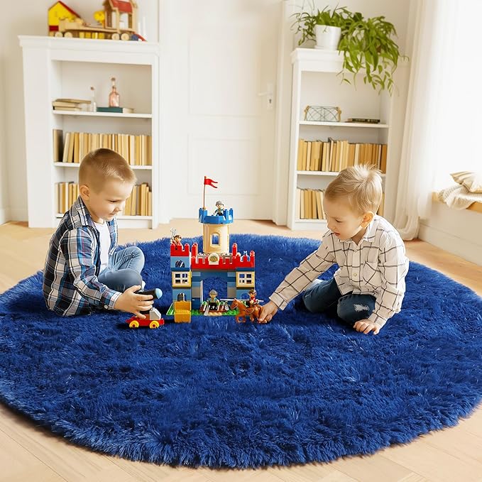 ONASAR Navy Blue Round Area Rug 4ft, Soft Bedroom Circle Rugs Floor Mat for Kids Girls Boys Teen Room, Fluffy Plush Shaggy Carpet for Baby Nursery Living Room Playroom Dorm Home Decor