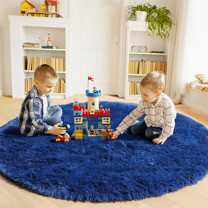 ONASAR Navy Blue Round Area Rug 4ft, Soft Bedroom Circle Rugs Floor Mat for Kids Girls Boys Teen Room, Fluffy Plush Shaggy Carpet for Baby Nursery Living Room Playroom Dorm Home Decor
