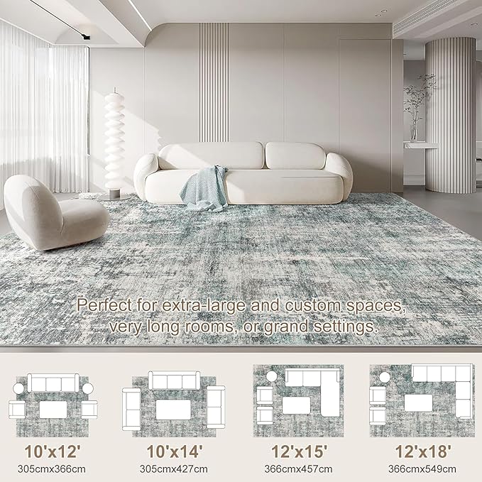 UERMEI 10x12 Area Rug Living Room Rugs - Washable Neutral Modern Abstract Soft Thin Large Rug Indoor Floor No Slip Rug Carpet for Bedroom Under Dining Table Home Office Decor - Green/Grey