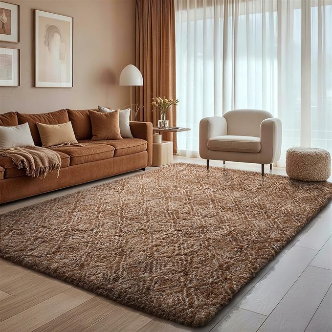 Ophanie Brown and White Diamond Striped Rugs for Living Room 6x9, Fluffy Shag Large Fuzzy Plush Soft Carpets, Shaggy Rugs for Bedroom, Carpet for Kids Boys Girls Dorm Nursery Home Decor Aesthetic