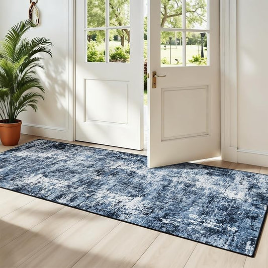 Rugflix 2x6 Runner Rug for Entryway, Kitchen Rugs Soft Non-Slip Washable Runners for Hallway, Abstract Small Carpet with Non-Slip Backing for Bedroom, Living Room, Navy Blue/Black