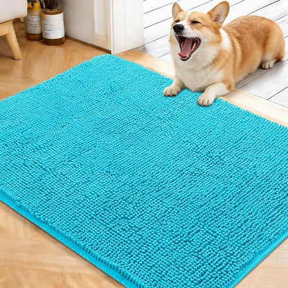 OLANLY Dog Door Mat for Muddy Paws 40x32, Absorbs Moisture and Dirt, Absorbent Non-Slip Washable Doormat, Quick Dry Chenille Mud Mat for Dogs, Entry Indoor Entryway Carpet for Inside Floor, Aqua Blue