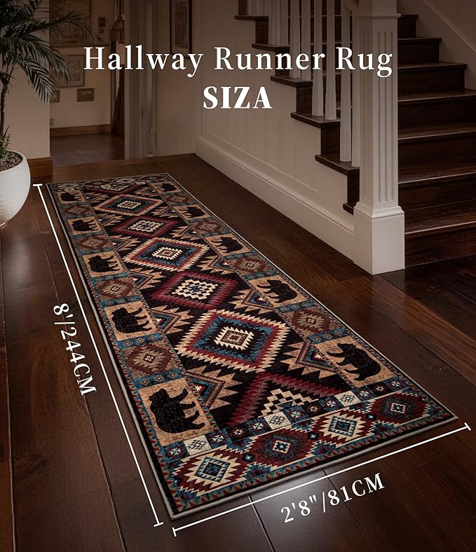 Western Runner Rug 2'8"x8' - Rustic Cabin Washable Rug, Non-Slip Low Pile Soft Carpet, Lodge Geometric Print Floor Runner Rugs for Hallway, Entryway, Bedroom, Kitchen, Laundry