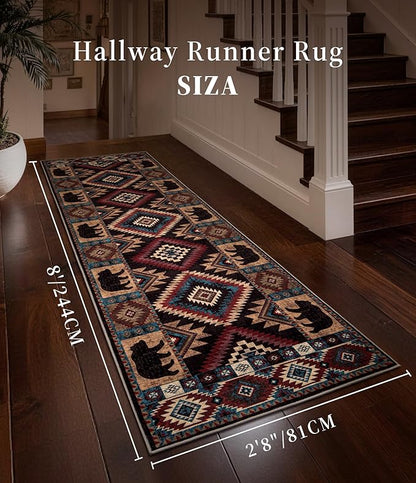 Western Runner Rug 2'8"x8' - Rustic Cabin Washable Rug, Non-Slip Low Pile Soft Carpet, Lodge Geometric Print Floor Runner Rugs for Hallway, Entryway, Bedroom, Kitchen, Laundry