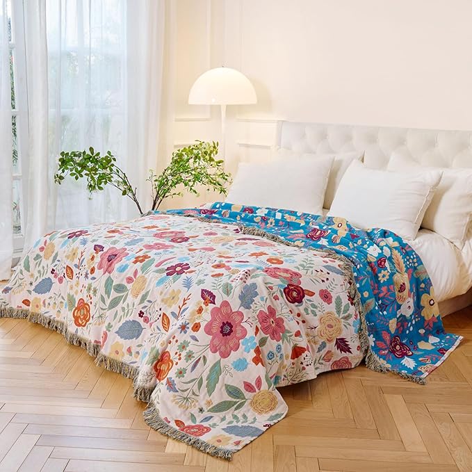 MSGKV Boho Throw Blanket for Couch 100% Cotton Floral Blanket 50"x60" Sofa Bed Chair Blanket All Seasons Lightweight Farmhouse Muslin Spring Breathable Blankets Home Decor