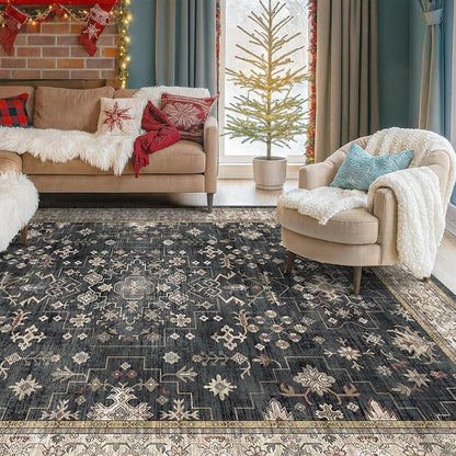 Boho Dining Room Rugs for Under Table - 6x9 Washable Black Area Rug For Living Room, Low Pile Non-Slip Rugs for Bedroom, Office - Charming Farmhouse Decor & Stain Resistance (6x9 Black/Multi)