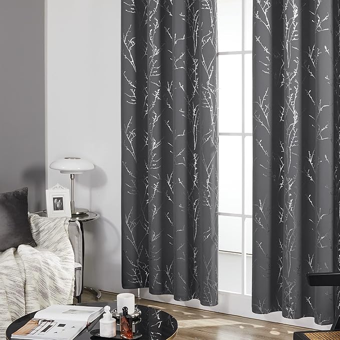 Deconovo Grey Blackout Curtains, Thermal Insulated Soundproof Drapes, Silver Branch Foil Print, 52 x 84 Inch, 2 Panels, Machine‑Washable Privacy Window Panel for Living Room Bedroom Nursery Office