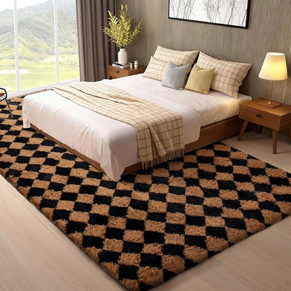 Ophanie Checkered Black & Beige Rhombus Rugs for Living Room Bedroom, Fluffy Soft Fuzzy Area Rugs, Plush Shaggy Bedside Floor 8x10 Furry Carpet for Kids Baby Teen Dorm Nursery Home Decor Aesthetic