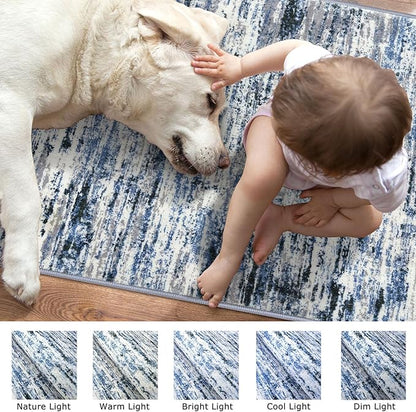Lansny Modern Abstract Small Area Rug Indoor 3x5 Washable Rug Non-Slip Soft Entryway Rug Grey Blue White Kitchen Mats Thin Print Faux Wool Floor Carpet Throw Rugs for Entrance Bedroom Home Decor