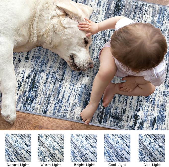 Lansny Modern Abstract 8x10 Large Machine Washable Living Room Rug Non-Slip Soft Bedroom Area Rug Grey Blue White Thin Print Faux Wool Carpet Throw Rugs for Nursery Playroom Dining Room Indoor