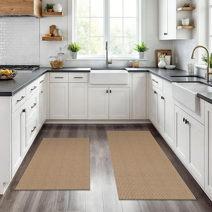 KOZYFLY Area Rug Runner Sets of 2 Pcs 2x3 and 2x6 Washable Kitchen Rugs Non Slip Rubber Backed Hallway Rug Woven Cotton Entrance Rugs for Front Porch Bathroom Kitchen Bedroom, Tan/Orange/Brown