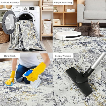 Toneed Entryway Runner Rug 2x6 for Hallway Kitchen, Washable Non-Slip Rug Runner for Indoor Entrance, Laundry Room, Bedroom, Low Pile, Abstract Blue White Gold