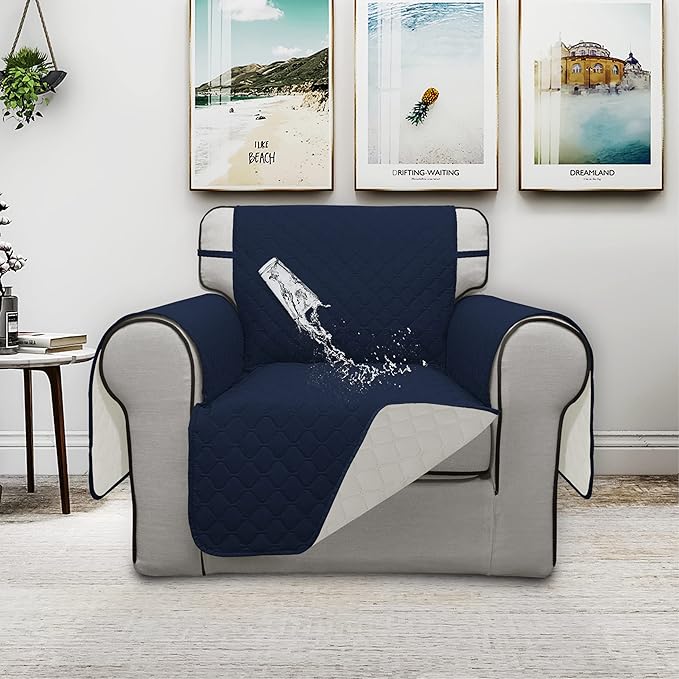 ISSUNTEX Double Protection 100% Waterproof Chair Sofa Cover for Living Room, Reversible Furniture Protector for Dogs, Pets, Kids (Chair, Navy/Ivory)