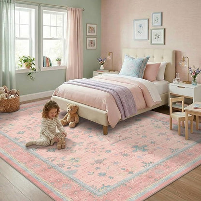Washable Pink and Blue 6x8 Boho Rugs for Bedroom Girls, Living Room Kids Playroom Nursery Room, Modern Floral Distressed Design, Soft Low Pile Non Slip Stain Resistance Carpet