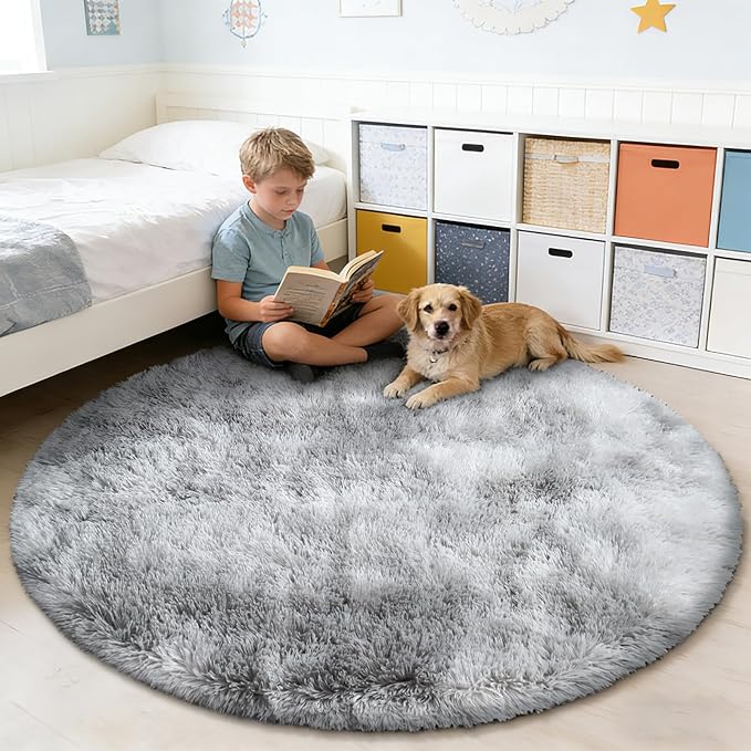Tie-Dyed Fluffy Round Rug,Soft Area Rugs for Girls Room,Shaggy Rugs 4'X4' for Living Room,Non Slip Circle Rug for Kids Bedroom,Shag Plush Nursery Rug,Plush Carpet for Dorm,Furry Room Decor,Light Grey
