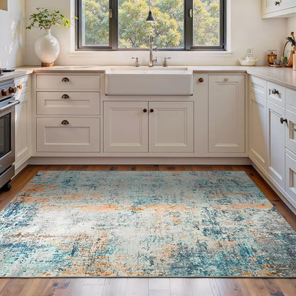 Area Rug 4x6 Blue Rug Washable Boho Rugs Non Slip Low Pile Abstract Small Carpet for Entryway, Bedroom, Kitchen, Classroom, Kids Room, Office, Dorm, Dining Room