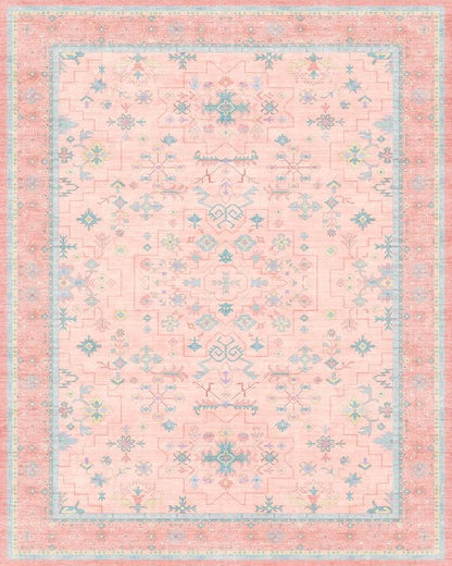 Washable Pink and Blue 9x12 Oushak Rugs for Living Room Rug Bedroom Girls, Modern Floral Aethestic Distressed Design, Soft Faux Wool Low Pile Non Slip Stain Resistance Carpet