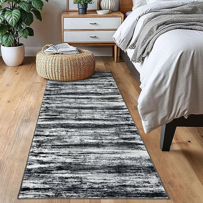 KOZYFLY Modern Abstract Kitchen Runner Rug, 2x6 Washable Rug Runner Non-Slip Soft Striped Hallway Runner Rugs, Black Navy Blue Grey Carpet Runner for Entryway Bathroom Laundry Room Foyer