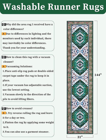 SERISSA Runner Rug for Hallways, 2'6"x12' Washable Non Slip Kitchen Runner Rug, Extra Long Boho Rug Ultra Soft Vintage Green White Print Floor Carpet for Bedroom Hallway Entryway Bathroom Laundry Room