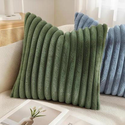 decorUhome Cozy Faux Fur Throw Pillow Covers 16x16 Set of 2 Decorative Soft Plush Striped Modern Farmhouse Boho Couch Pillow Cases with Velvet Back for Sofa Bed Living Room, Olive Green