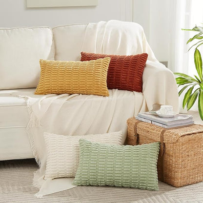 Fancy Homi 4 Packs Fall Boho Long Lumbar Decorative Throw Pillow Covers 16x24 Inch for Couch Bed Sofa, Aesthetic Modern Farmhouse Home Decor, Soft Striped Corduroy Rectangle Cushion Case 40x60 cm