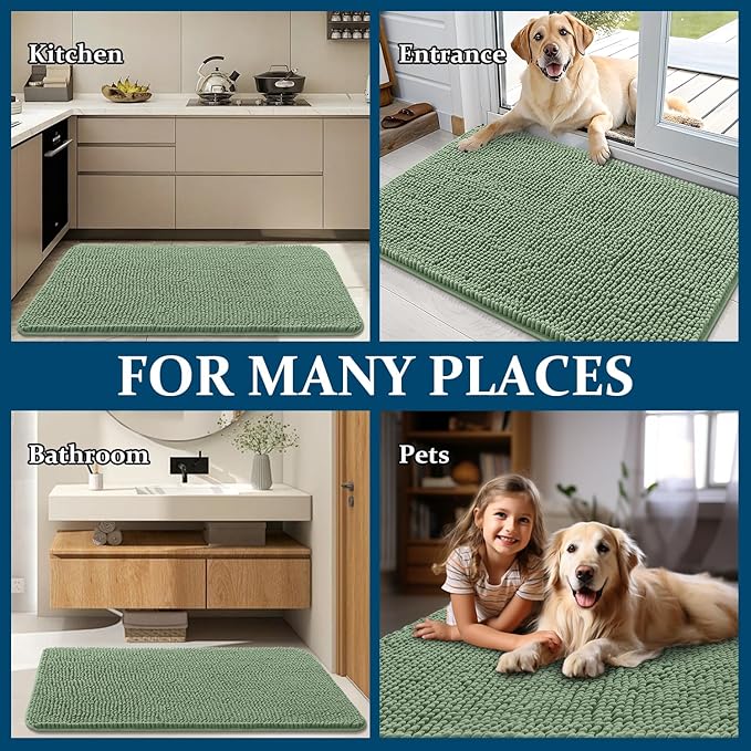 OLANLY Dog Door Mat for Muddy Paws 40x24, Absorbs Moisture and Dirt, Absorbent Non-Slip Washable Doormat, Quick Dry Chenille Mud Mat, Entry Indoor Entryway Carpet for Inside Floor, Olive Green
