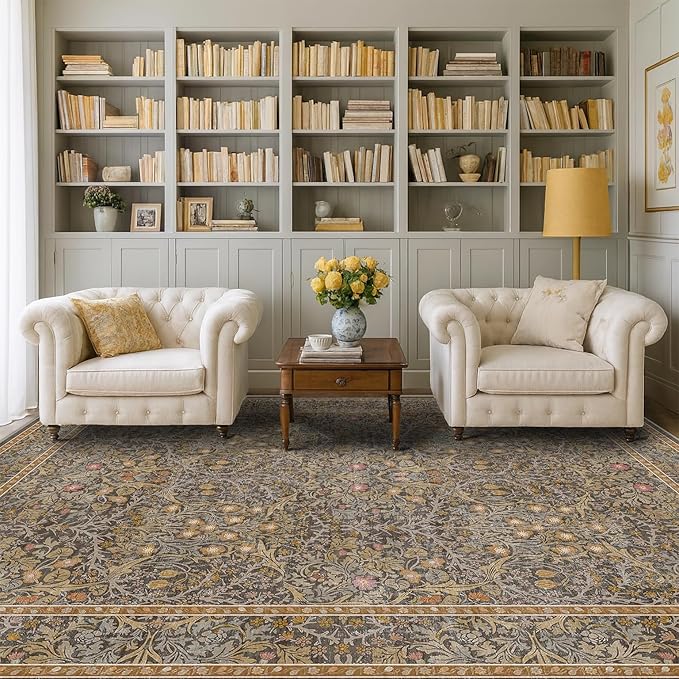 Washable Dining Room Rugs for Under Table - 6x9 Brown Oriental Area Rug for Living Room, Low Pile Non-Slip Floor Carpet for Bedroom Under Bed - Vintage Design & Stain Resistance