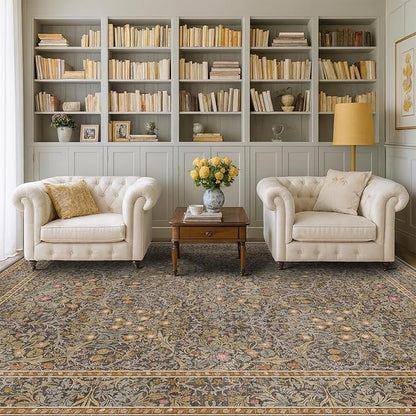 Washable Dining Room Rugs for Under Table - 6x9 Brown Oriental Area Rug for Living Room, Low Pile Non-Slip Floor Carpet for Bedroom Under Bed - Vintage Design & Stain Resistance