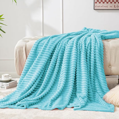 BEDELITE Fleece Blanket Twin Size – 3D Ribbed Jacquard Soft and Warm Decorative Fuzzy Blankets – Cozy, Fluffy, Plush Lightweight Throw Blankets for Couch, Bed, Sofa(Light Blue, 60x80 inches)