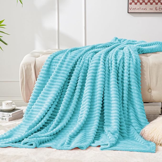 BEDELITE Fleece Throw Blanket for Couch – 3D Ribbed Jacquard Soft and Warm Decorative Fuzzy Blanket – Cozy, Fluffy, Plush Lightweight Light Blue Throw Blankets for Bed, Sofa, 50x60 inches