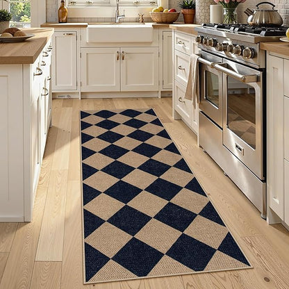 Lahome Colette Checkered Easy Jute Runner Rug, 2x6 Kitchen Mats for Floor Washable Entryway Runner, Checkerboard Black Indoor Outdoor Carpet for Hallway 6ft Entry Laundry