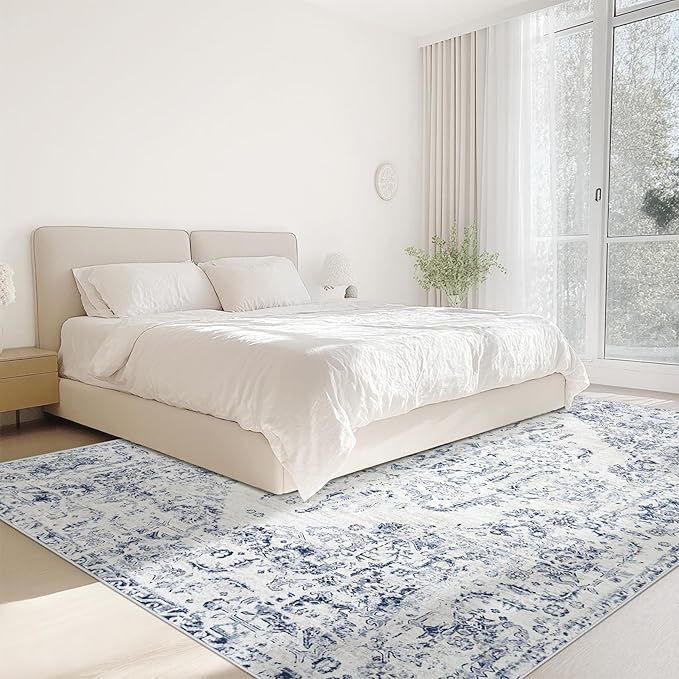 6x9 Area Rugs for Living Room: Washable Rug Vintage Large Rugs Soft Non Slip Low Pile Rug Floral Distressed Floor Carpet for Bedroom Kitchen Nursery Dining Room Home Office (Blue, 6'x9')