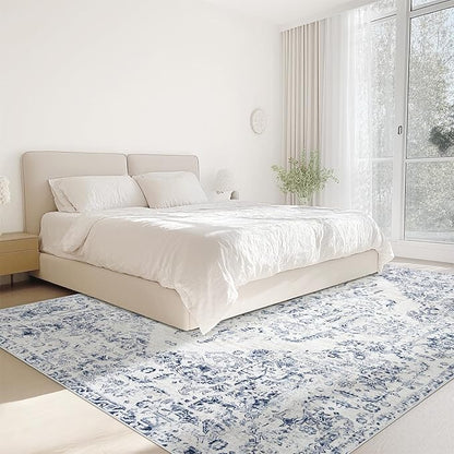 6x9 Area Rugs for Living Room: Washable Rug Vintage Large Rugs Soft Non Slip Low Pile Rug Floral Distressed Floor Carpet for Bedroom Kitchen Nursery Dining Room Home Office (Blue, 6'x9')