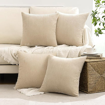 MIULEE Boho Farmhouse Throw Pillow Covers 18x18 Inch Set of 4 Mordern Nordic Cushion Covers Soft Corduroy Spring Home Decor for Couch Bed Sofa Living Room Beige