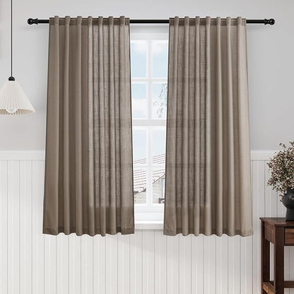 Nanspring Dark Taupe Linen Sheer Curtains 54 Inch Length 2 Panel Set Back Tab Rod Pocket Semi Sheer Light Filtering Short Curtain Soft Elegant Aesthetic Small Window Drapes for Bathroom 52x54