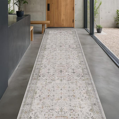 Hazo Haus Light Gray Washable 2'6"x10' Wide Hallway Runners, Kitchen Runner Rug, Non-Slip & Stain Resistant 10ft Long Floor Rug, Neutral Boho Floral Décor