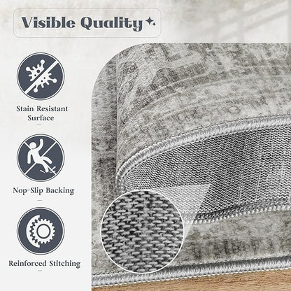 Area Rug 8x10 Washable Rug, Vintage Boho Medallion Rugs Non-Slip Soft Low Pile Large Distressed Rug Indoor Retro Carpet for Living Room Bedroom Dining Room Home Office (Grey, 8'x10')